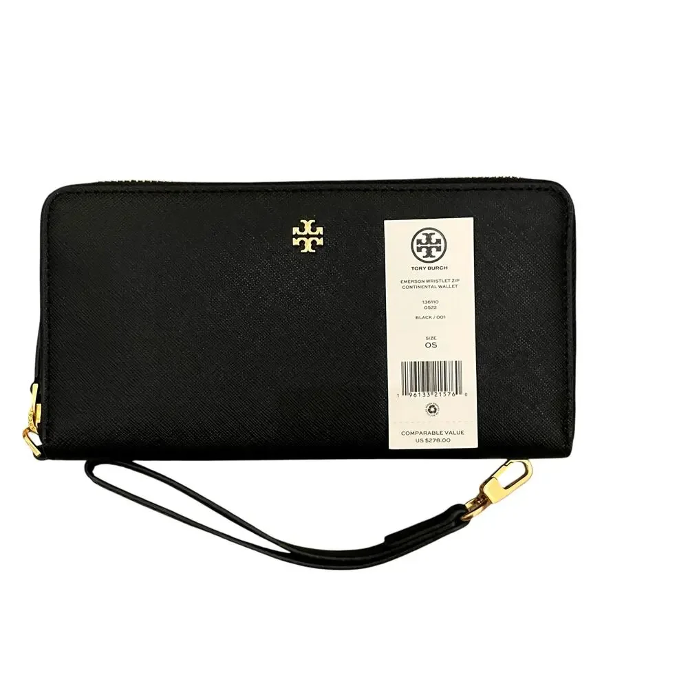 TORY BURCH Emerson Wristlet Zip Continental Wallet Saffiano Leather Black NEW